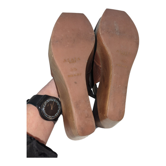 Vintage Alaia Brown Leather Wood Platform Slingback Sandal Size 37.5 - Picture 8 of 10